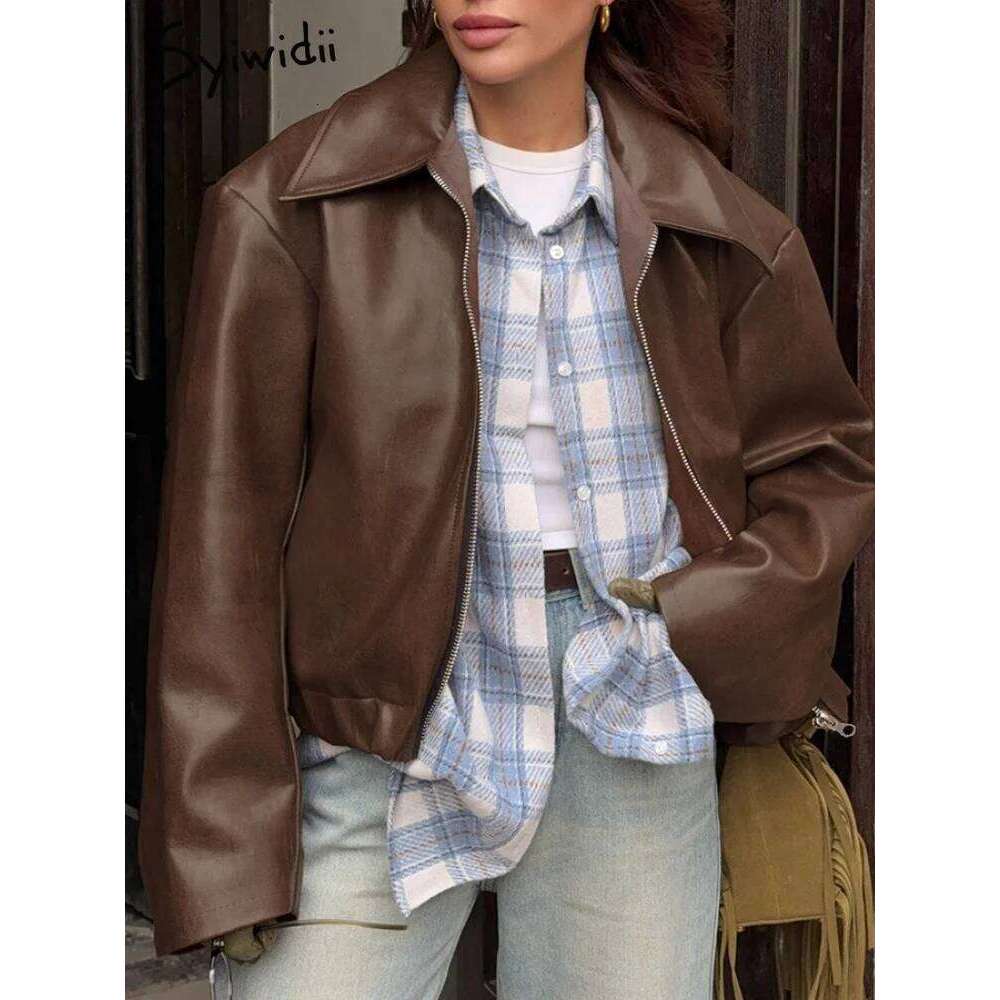 Syiwidii Faux Leather Jackets Women's Fashion Lapel Zipper Long Sleeve Outerwear 2025 New Chic Vintage High Street Ladies Coats