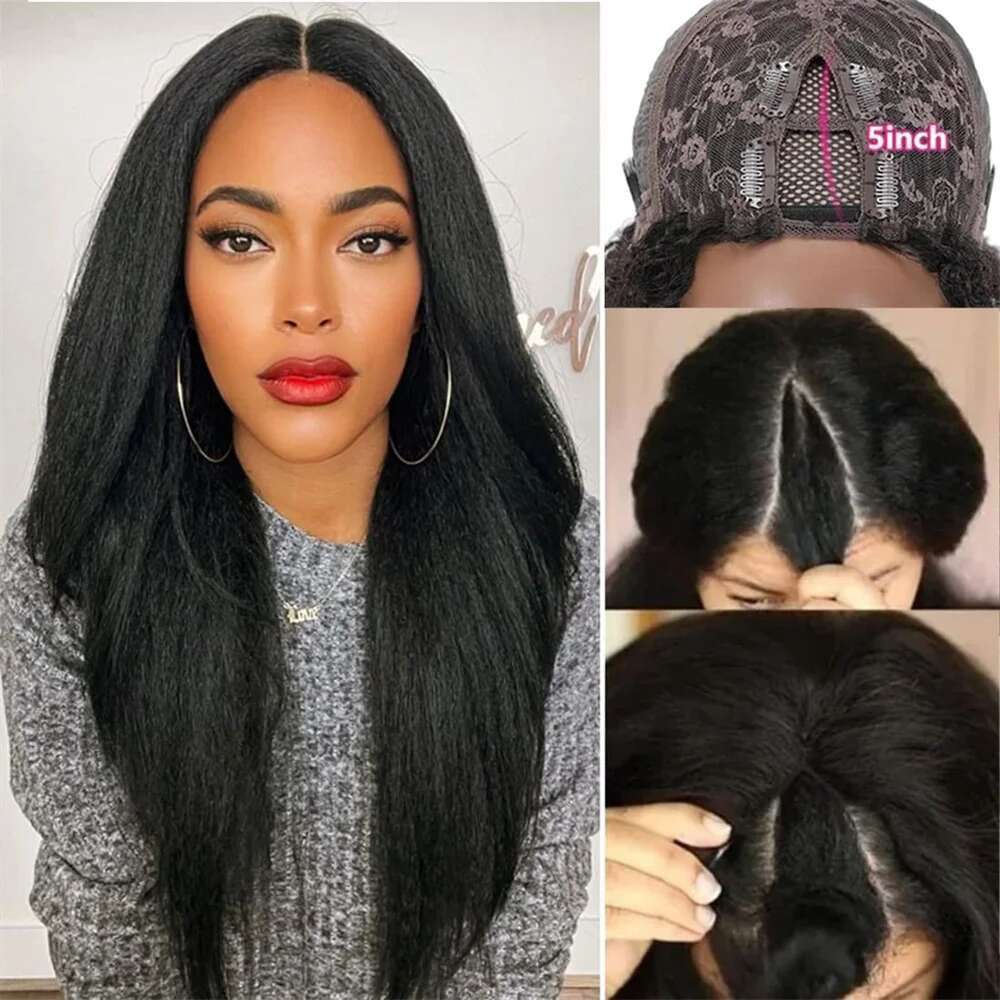 V Part Kinky 180% Density Human Hair Wig for Black Women Yaki Straight hine Made Natural Color