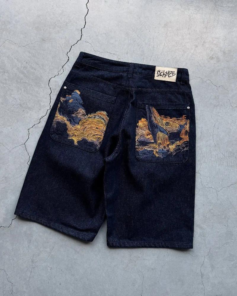 Men's Denim Shorts with Cherry Blossom Embroidery - Retro Baggy Jeans for Streetwear & Casual Fashion ddmymarket