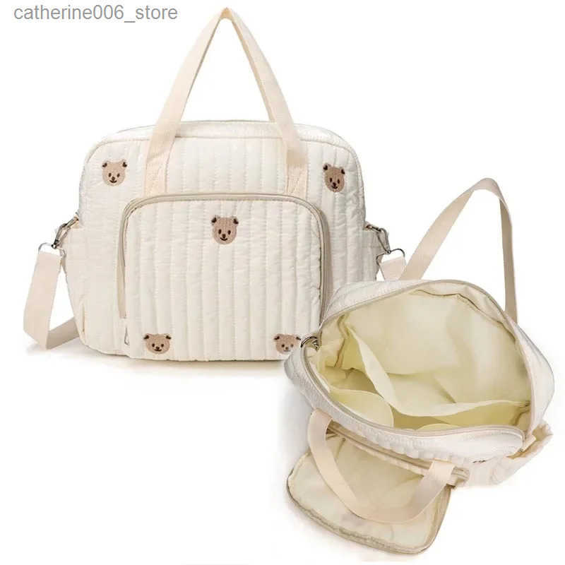 Baby Diaper Bag Cute Bear Flower Embroidery Pattern Mommy Bag Baby Beige Cotton Fabric Zipper Diaper Handbag New Luggage Bag y250609O6BK