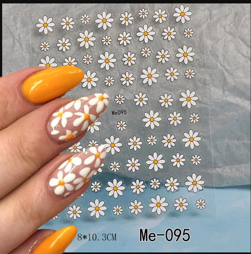 Nail Art Flower Daisy Embossed Stickers Sliders Decals White Florals Petals Flowers Back Glue Sticker Decoration 250605