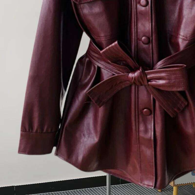 New Mid Women Faux PU With Belt Black Wine Red Casual Lapel Single-breasted Long Sleeve Fake Leather Jacket