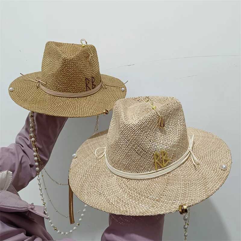 Metal Letter Beige Straw Hat Handmade Design Hat Pearl Chain Summer Sun Hat New Letter Hat Beach Women Gorras para Hombres W250609
