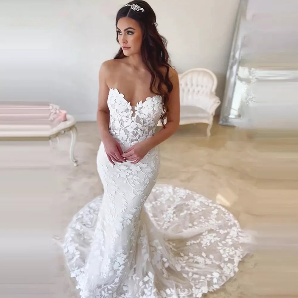 Elegant Bohemian Lace Mermaid Wedding Dresses Sweep Train Sweetheart Sleeveless Long Beach Bridal Gown Back Lace-up Corset
