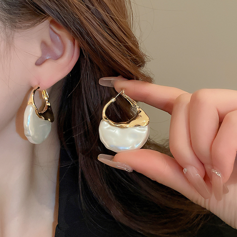 Elegant Geometric Hoop Earrings with Faux Pearl Gold Tone Metal Sterling Silver Needles French Inspired Minimalist Statement Jewelry for Women