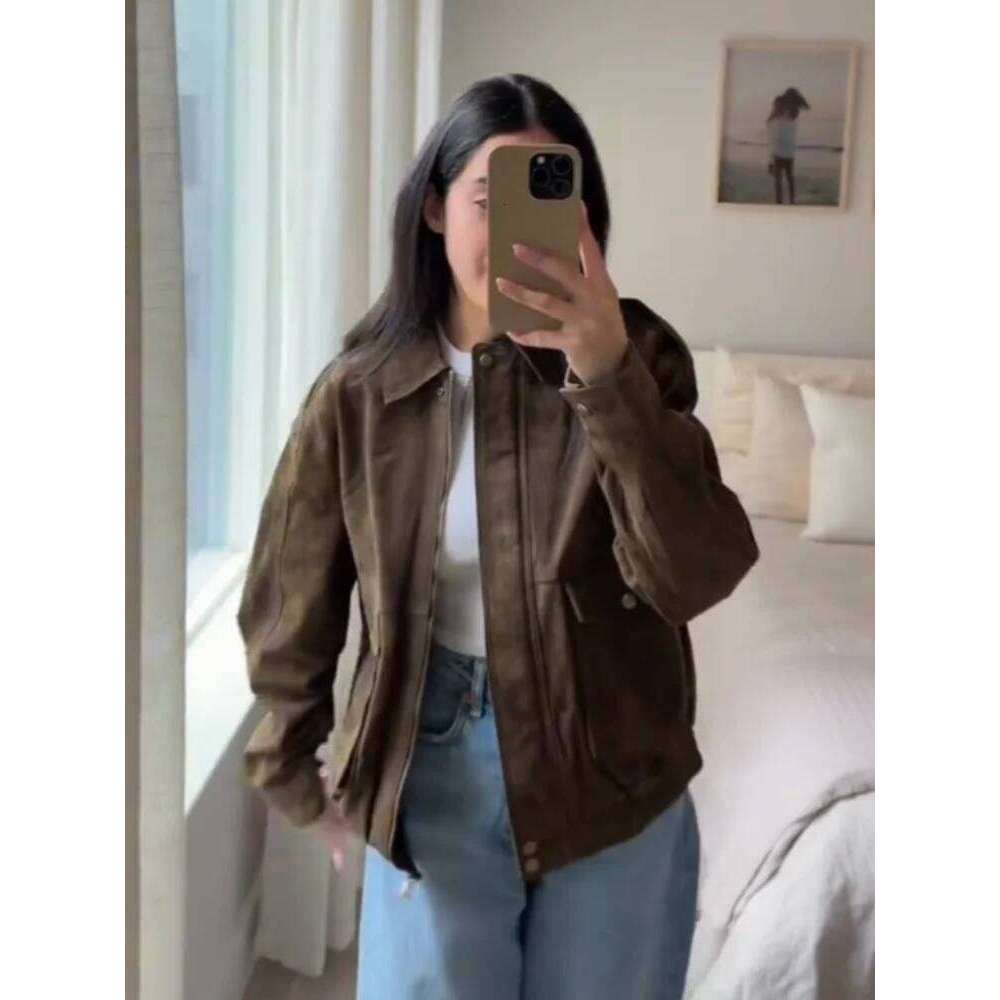 Vintage Suede Zipper Bomber Jacket For Women Spring New Elegant Lapel Motorcycle Long Sleeve Coats Female Street Chic Outerwear