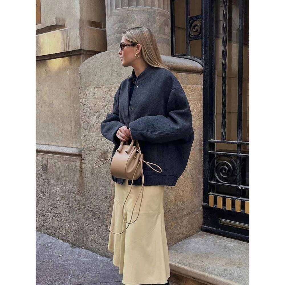 Loose Bomber Jacket For Women 2024 Spring Long Sleeve Pocket Coats Female Stand Collar Single Breasted Street Outerwear