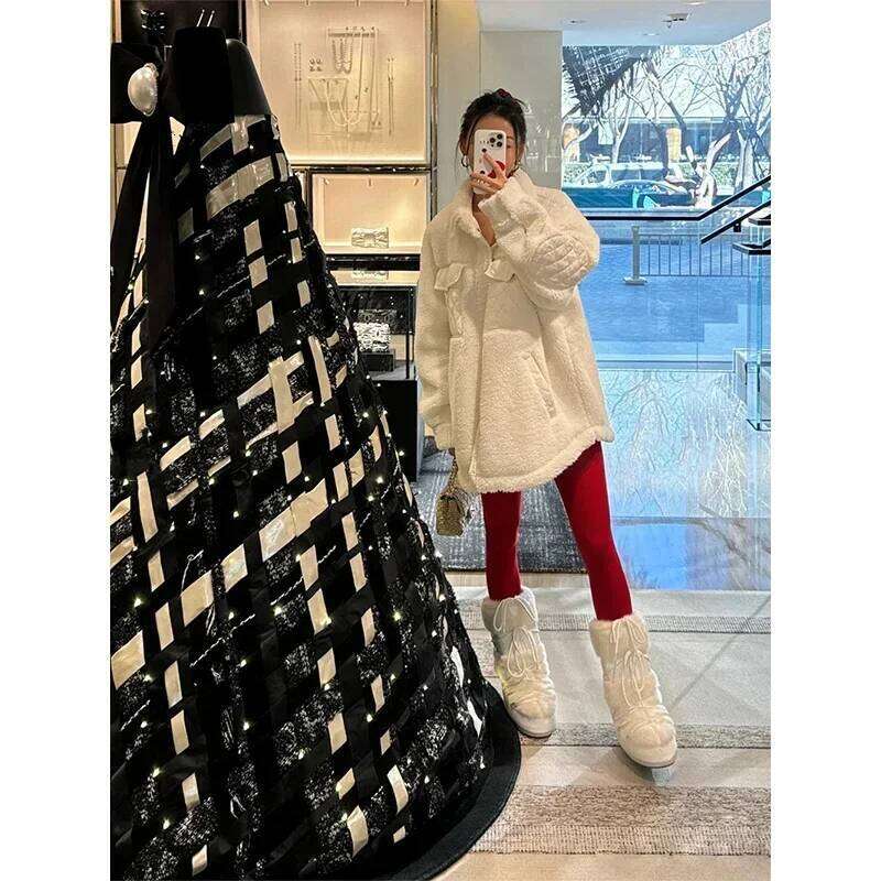 AL for women jacket Lapel shirt style Loose Casual White Fashion Coat Plush Medium long styles Pockets Jacket New