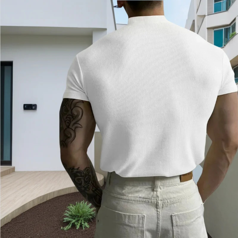 spring summer Elastic Comfortable Mens T-shirt Small high collar stripe shirt short sleeve fitness tops sports casual T-shirt 250603