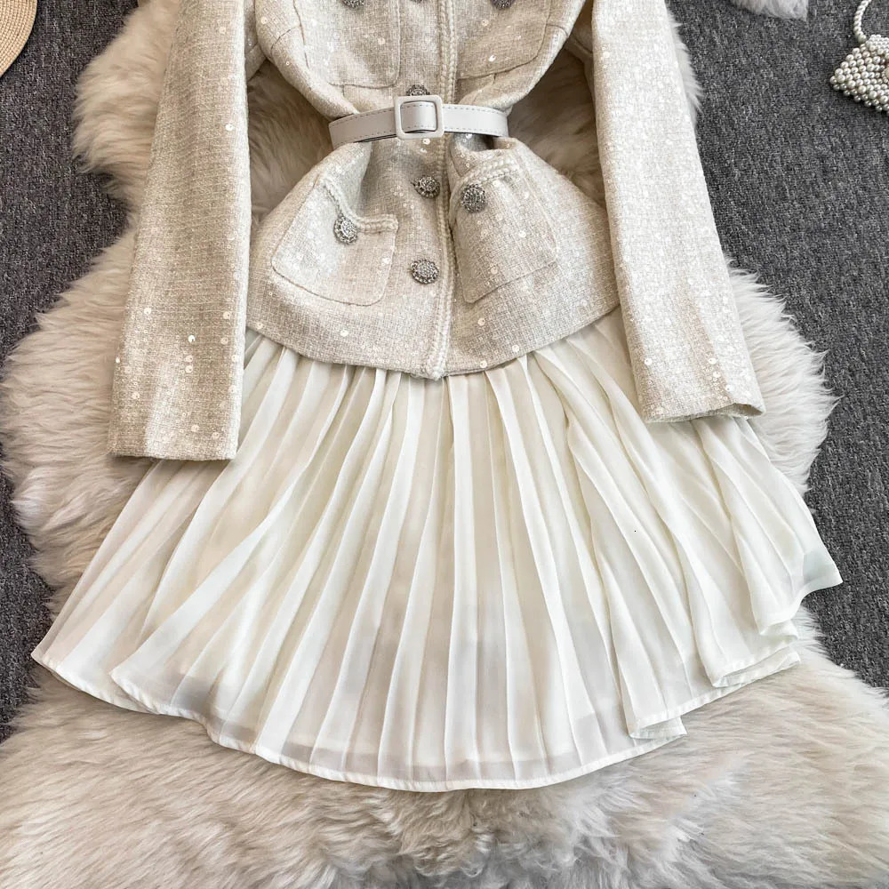Sequin Chiffon Tweed Dresses Women Spring Autumn Single Breasted Crystal Belt Pleated Long Sleeve Party Vestido Short Robe 250603