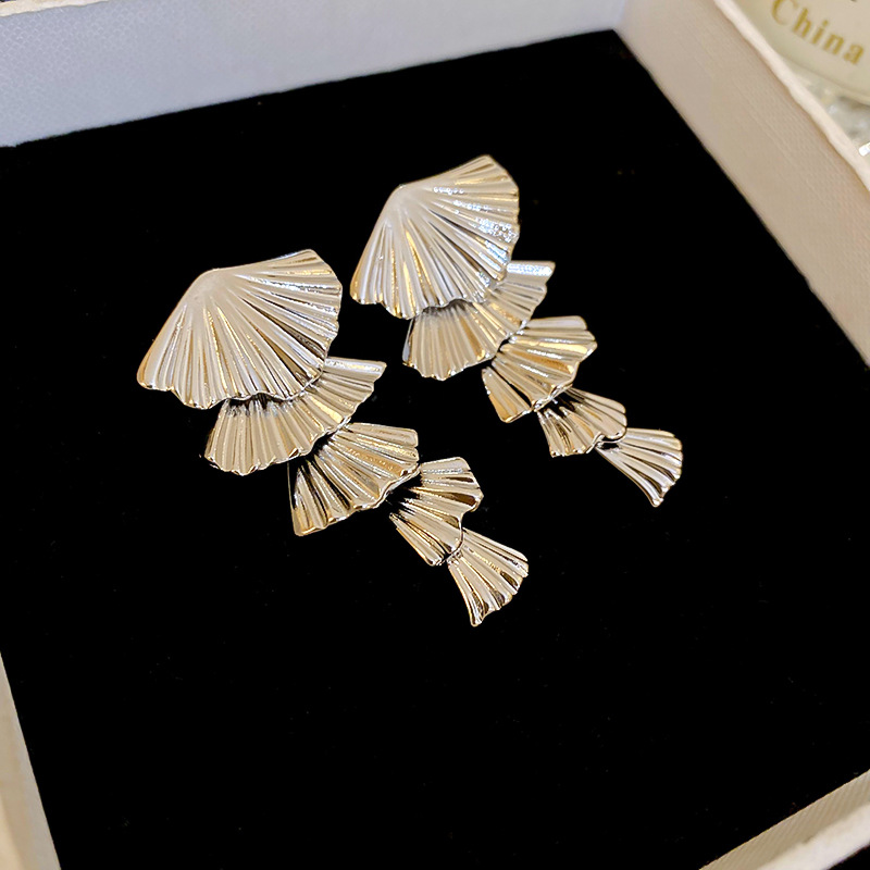 Cool Toned Metal Fan Shaped Earrings with Sterling Silver Needles Minimalist Ocean Inspired Sophisticated Ear Jewelry for Women