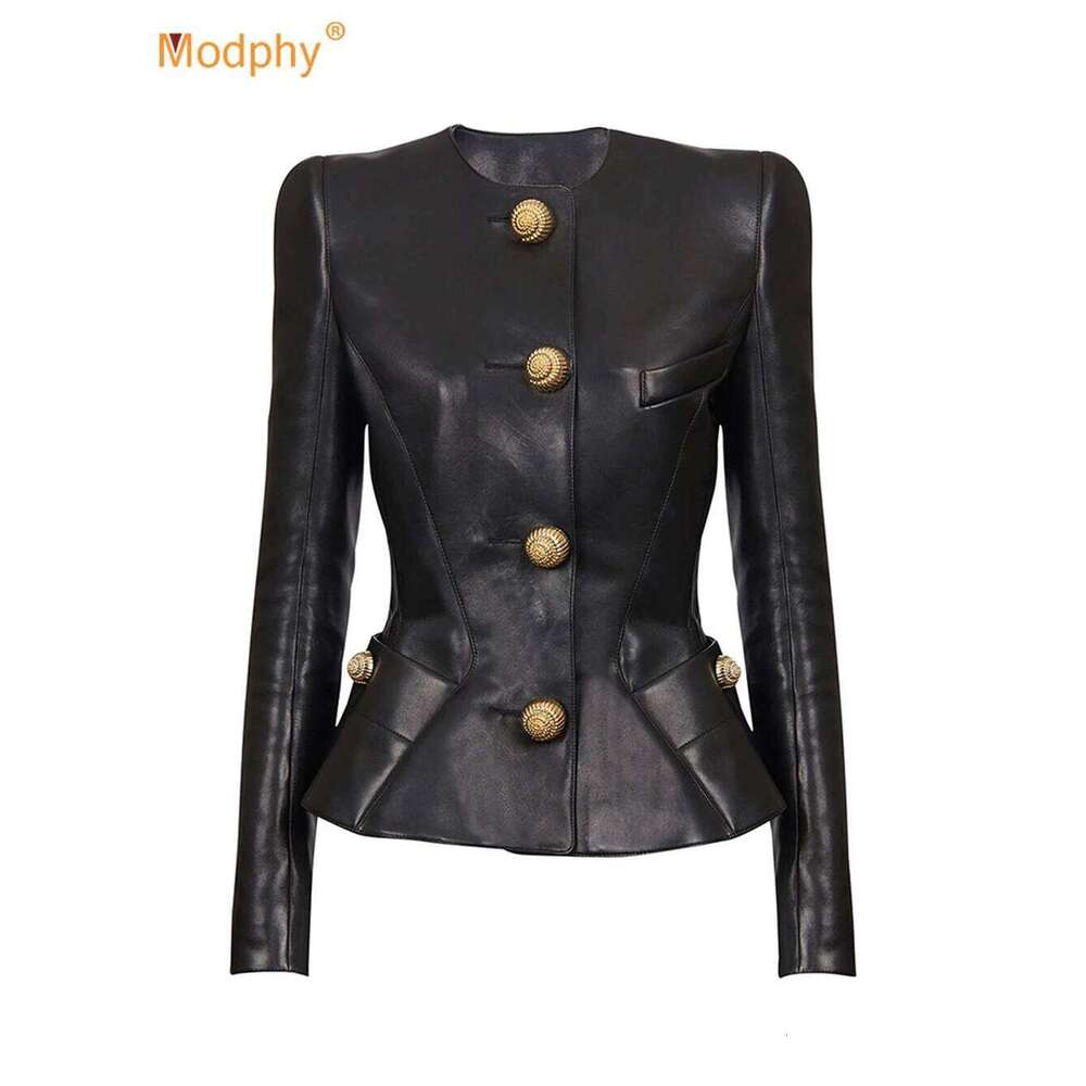 Modphy 2025 New Women'S Black Pu Leather Shiny Shrug Slim Small Suit High Quality Y2K Button Decorated Fashion Jacket