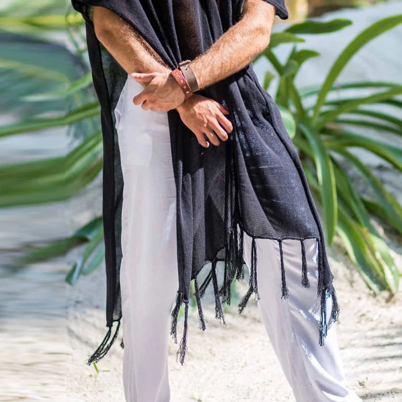 Vacation Seaside Beach Casual Loose Cloak Men Summer Leisure Breathable Cover-up Shirt Mens Boho Vintage Tassel Tops Pullovers 250603