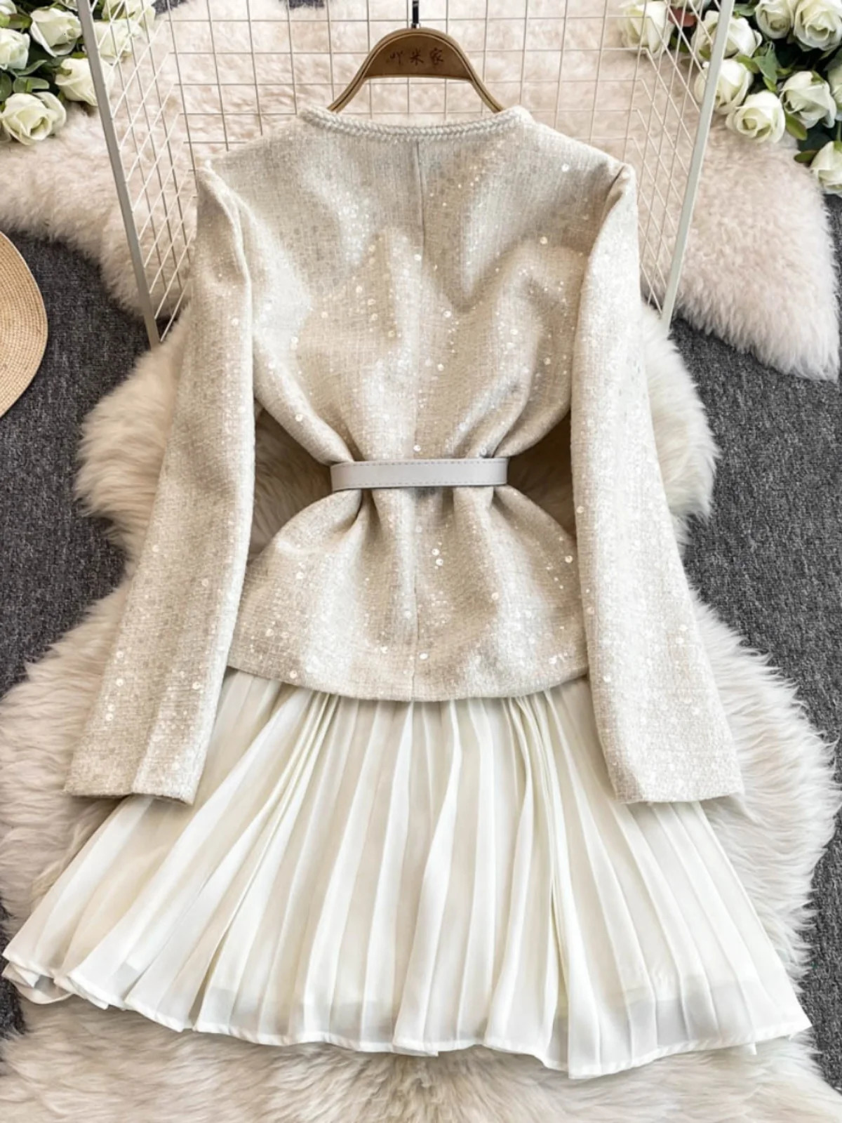 Sequin Chiffon Tweed Dresses Women Spring Autumn Single Breasted Crystal Belt Pleated Long Sleeve Party Vestido Short Robe 250603