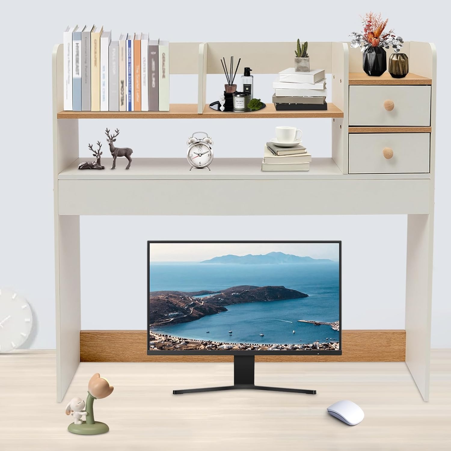 3-Tier Desktop Bookshelf Countertop Storage Desk Hutch for Computer Desk, Multipurpose Desktop Organizer Shelf with 2 Drawers Office Supplies Home Des