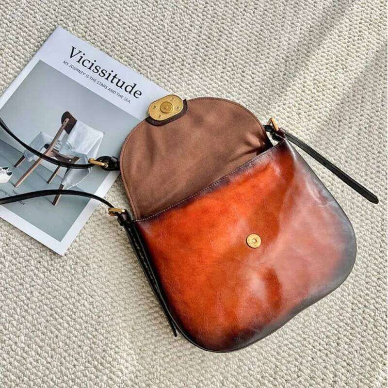 Johnature Natural Soft Cowhide Women's Saddle Bag 2025 New Retro Handmade Genuine Leather Solid Color Shoulder & Crossbody Bags