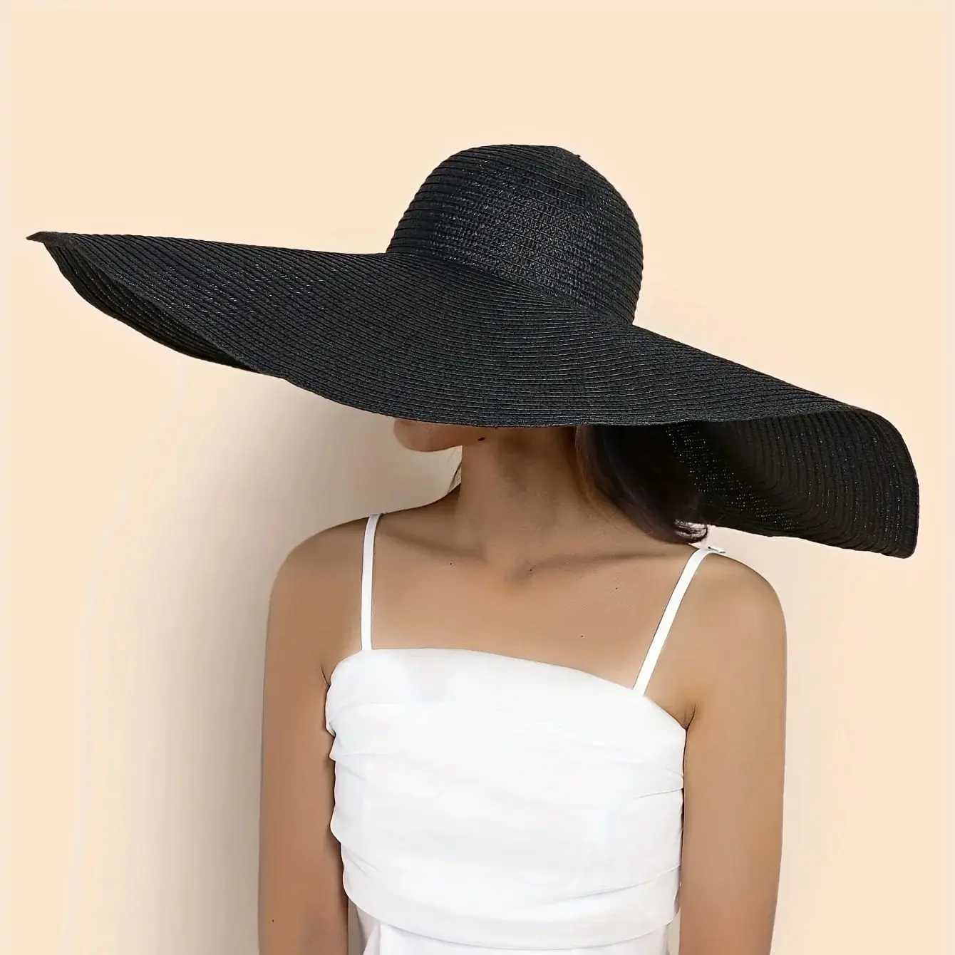New Spring Summer Wide Brim Black Straw Hat Flat Top Straw Hats For Women Elegant French Retro Sun Hat Designer Hat W250609