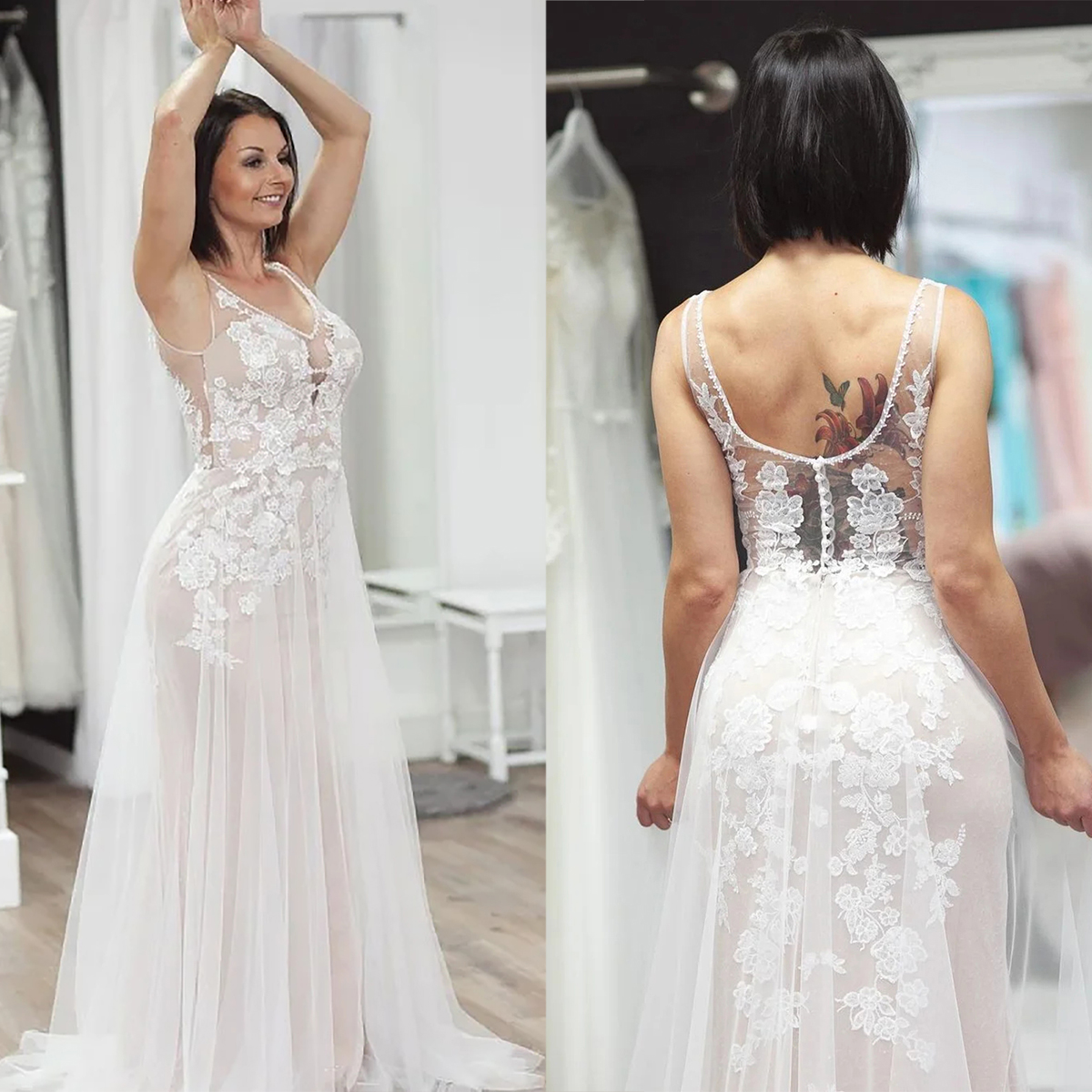 Floral Lace Wedding Dresses A Line V Neck Sexy Bride Gowns Sleeveless Custom Made Formal Bridal Dresses for Birthday Party Engagement