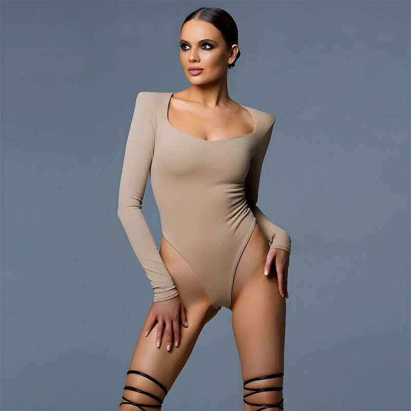 Women's U-Neck Long Sleeve Padded Shoulder Comfortable Slim Waist Creative One-Piece Bodysuit Trend B5