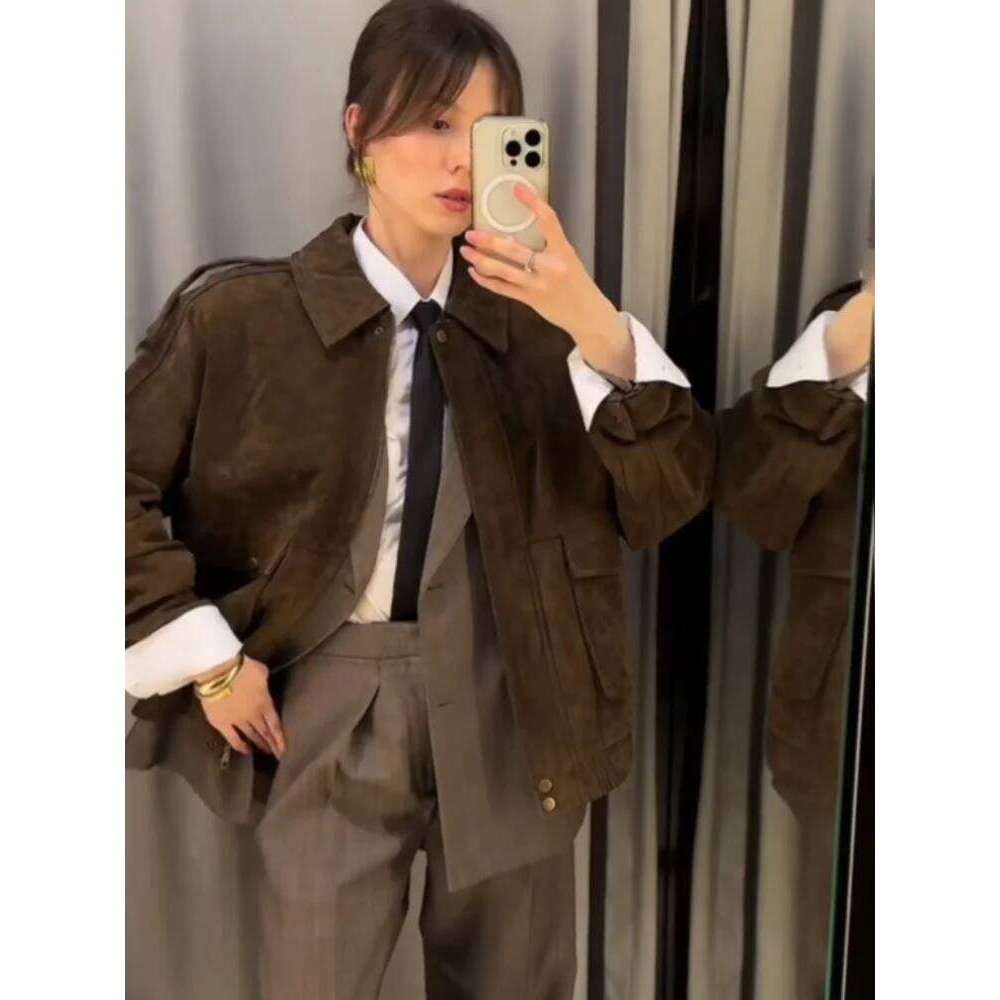 Vintage Suede Zipper Bomber Jacket For Women Spring New Elegant Lapel Motorcycle Long Sleeve Coats Female Street Chic Outerwear