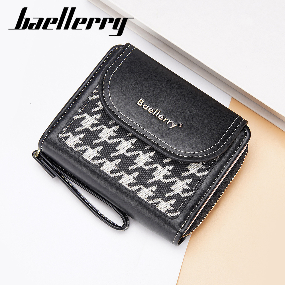 Free Shipping New Women's Short Designer Bag Wallet High-end Student Color-block Zipper Coin Purse Houndstooth PU Small Wallet Handbag