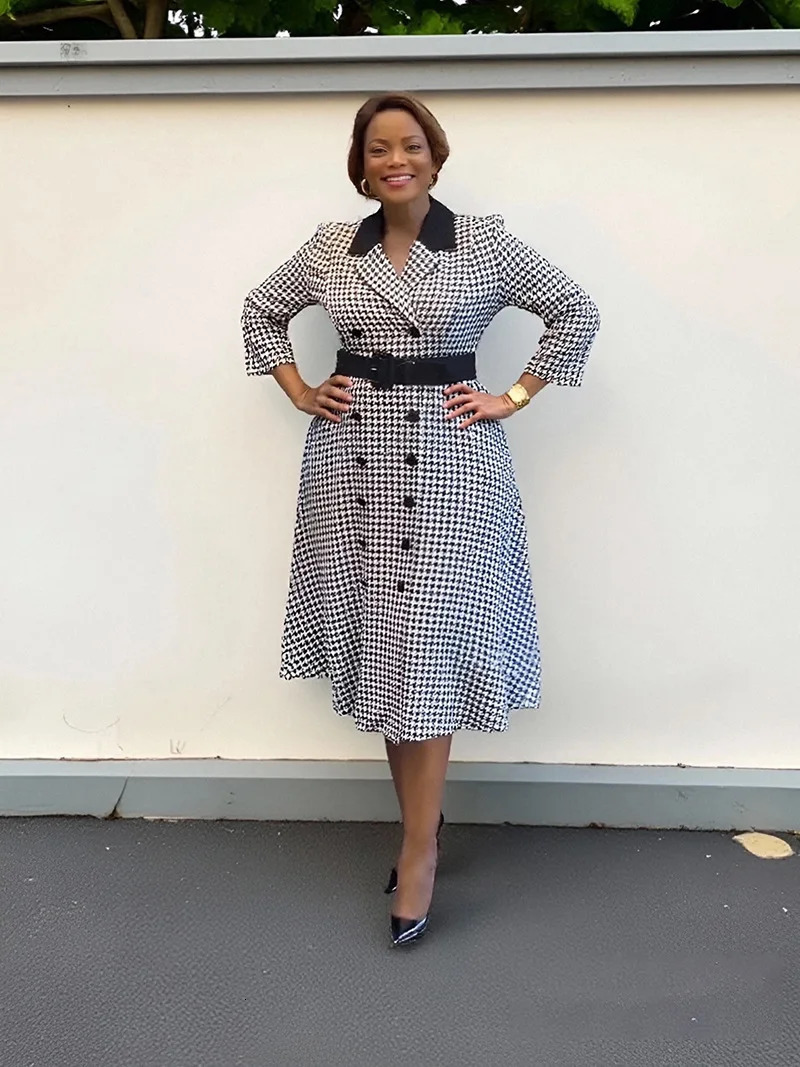 African Dresses For Woman Office Lady Africa Clothing Plaid Print Turn Down Collar A Line Dress and Belt Vestidos Robe Summ 250603