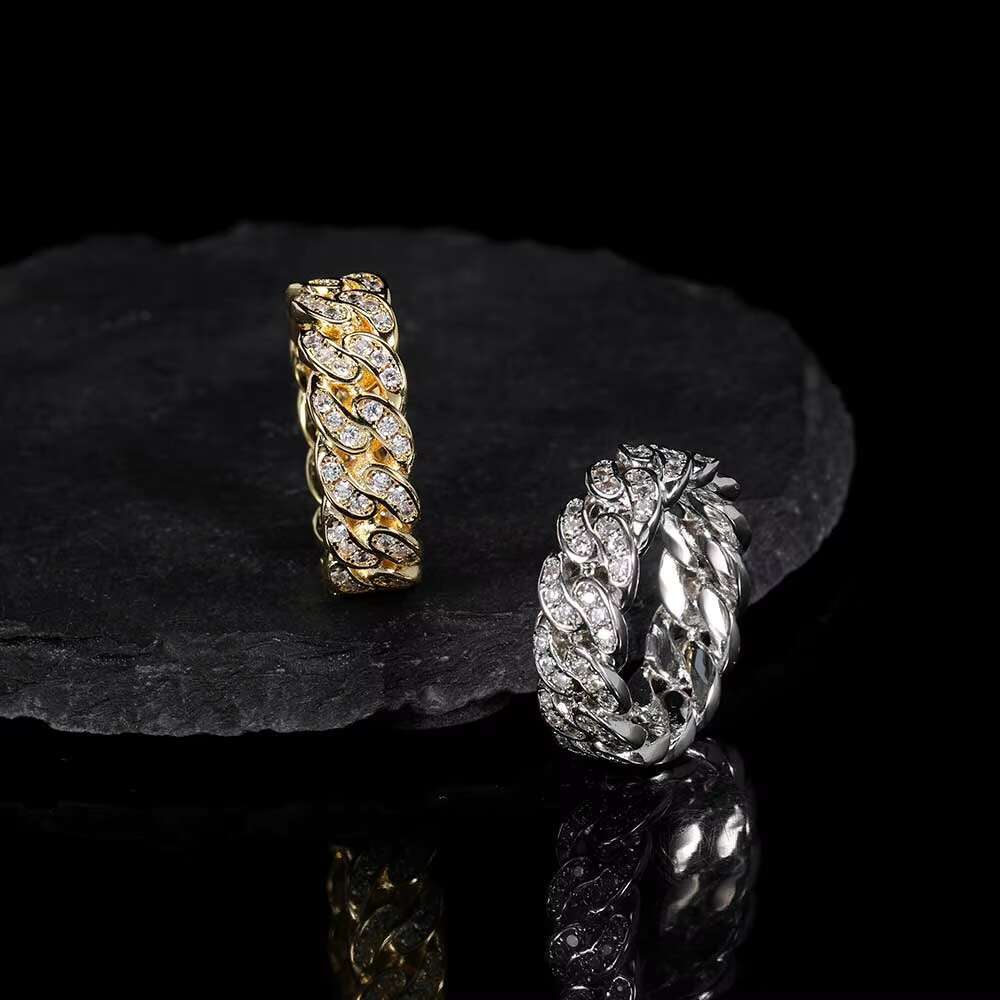 NUOYA Mens White Gold Plated 925 Sterling Silver Hip Hop Iced Out Moissanite Cuban Link Ring for Wedding and Party Fine Jewelry