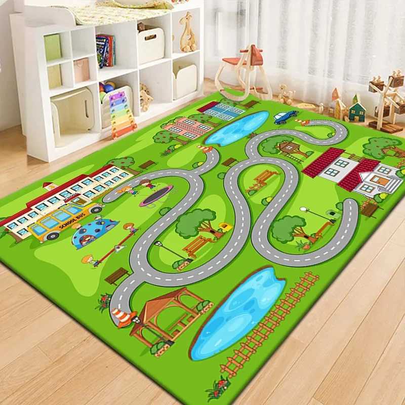 Interactive Baby Play Mat Crawling Rug with Cartoon Road Design Non Slip Floor Mat for Nursery Living Room Safe Washable Carpet y250609369Y