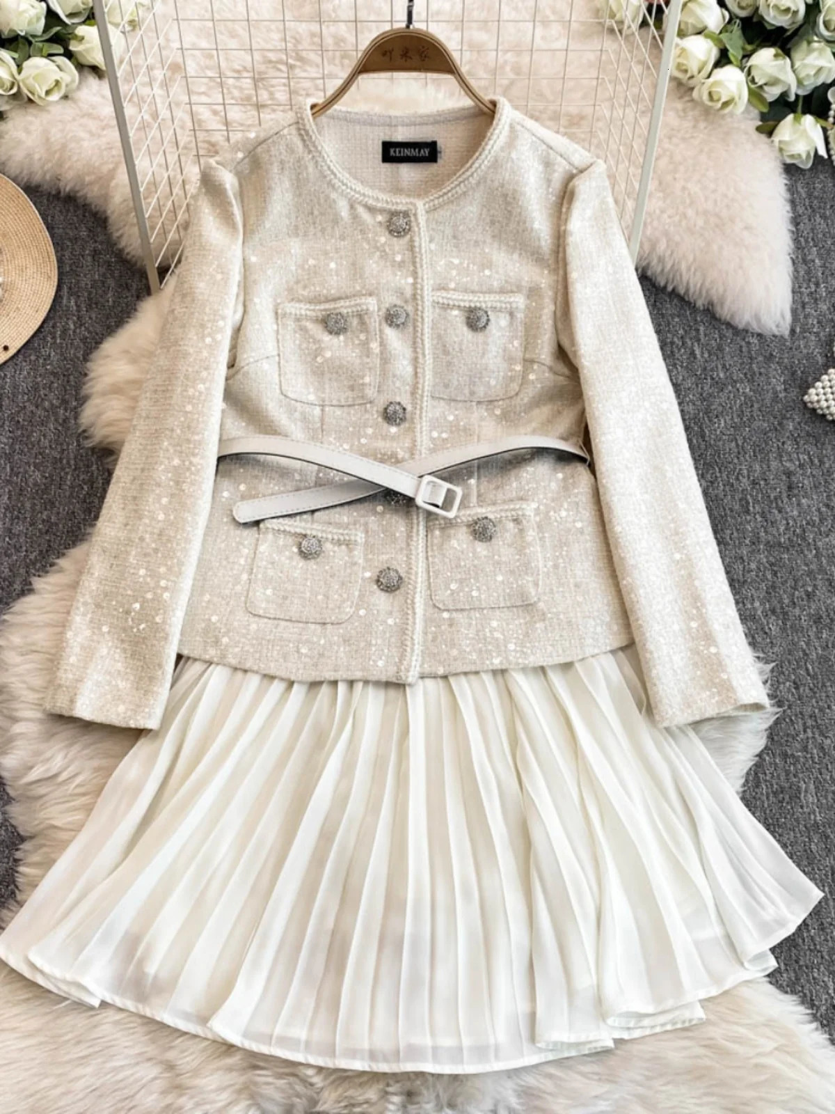 Sequin Chiffon Tweed Dresses Women Spring Autumn Single Breasted Crystal Belt Pleated Long Sleeve Party Vestido Short Robe 250603