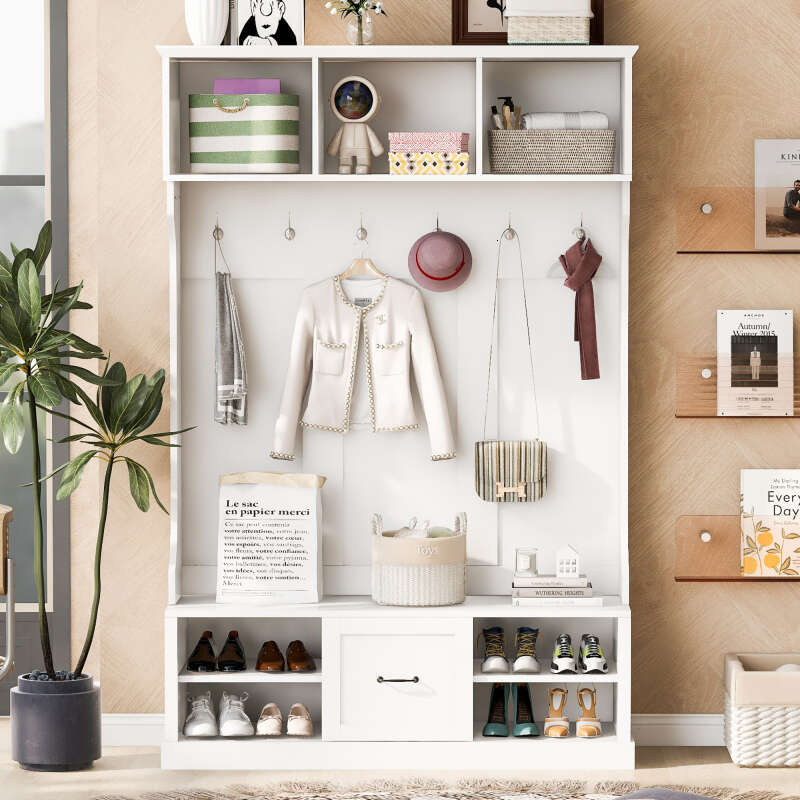 U-Can 57'' Hall Tree with 6 Hooks, Coat Hanger, Entryway Bench, 3-in-1 Design, A Spacious Drawer for Entrance, Living Room