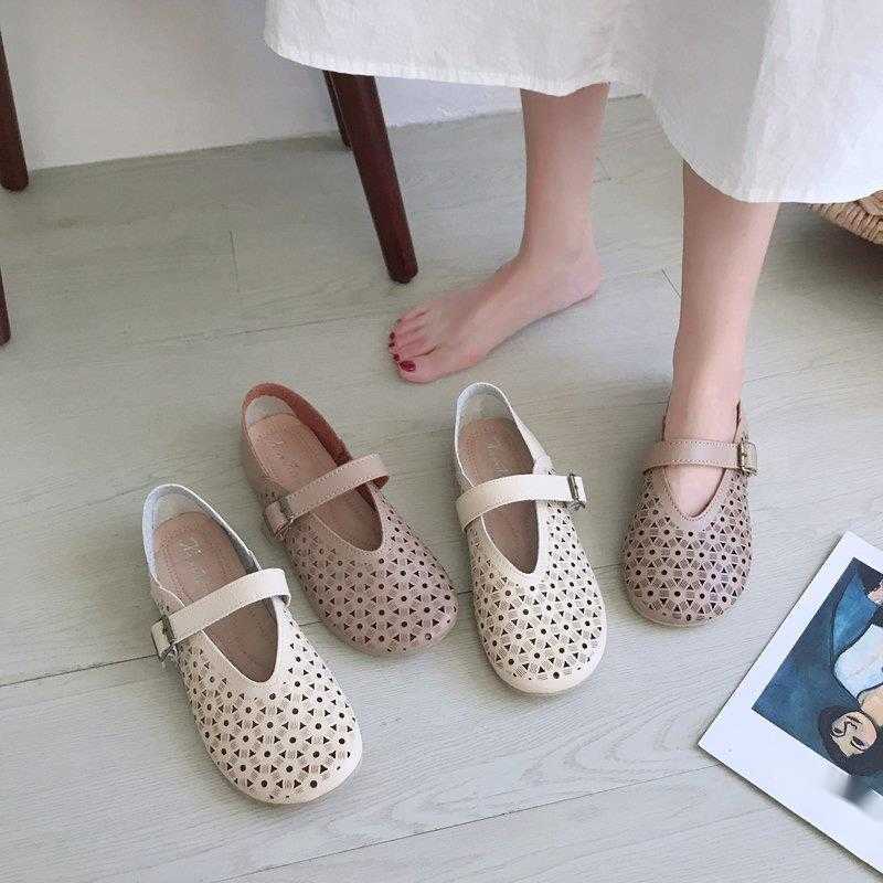 Summer Round Toe Buckle Hollow Solid Color Single Shoes Doll Shoes Shallow Mouth Flat Womens Casual Shoes