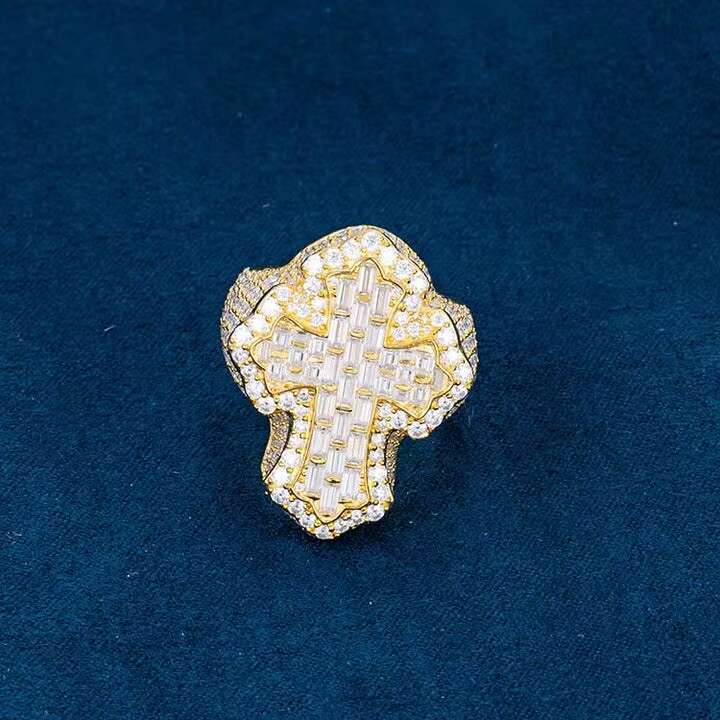 Sterling Silver S925 Men Gold Diamond Ring Baguette Cut VVS Moissanite Diamond Hip Hop Fine Jewelry Band Ring