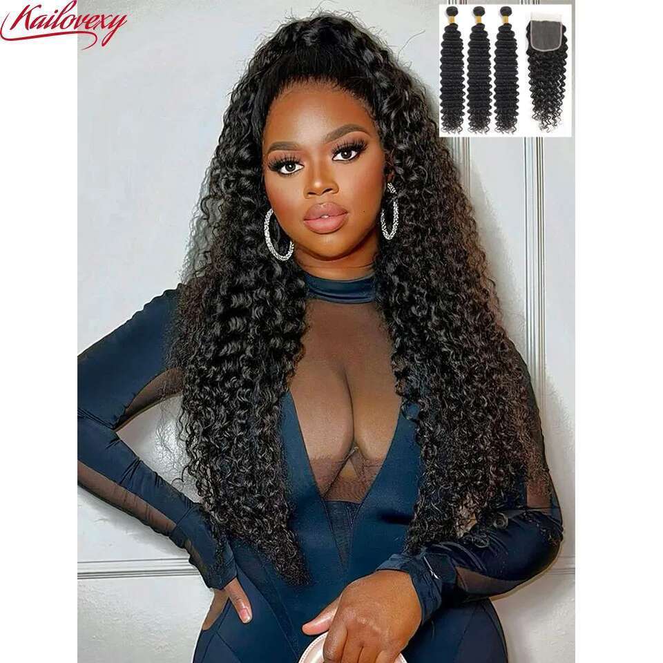 Deep Wave 3/4 with Frontal Closure 13x4 4x4 Free Part 100% Unprocessed Human Hair Bundles Natural Color