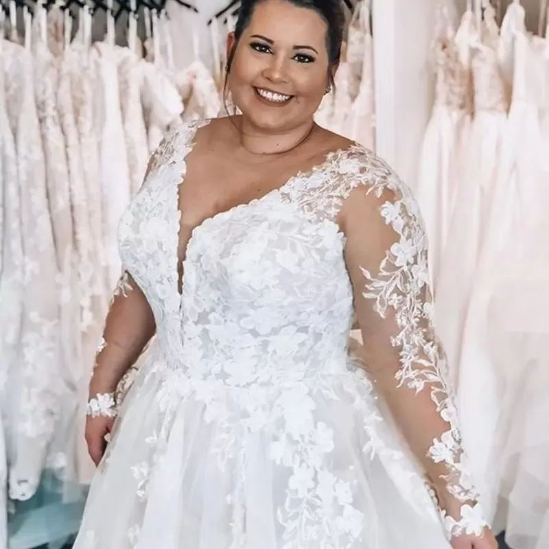 Elegant Lace Applique Wedding Dresses for Women A-line Off Shoulder Long Sleeves Plus Size Bridal Gowns Boho Vestido De Novia