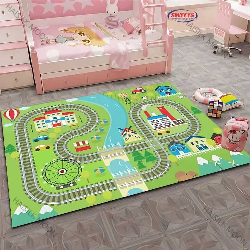 1PC Kids Play Rugs - City Pretend Play - Car Track Rug for Living Room Bedroom Picnic Camp Mat Crawling Rugs Door Mat Gift y250609JC5D
