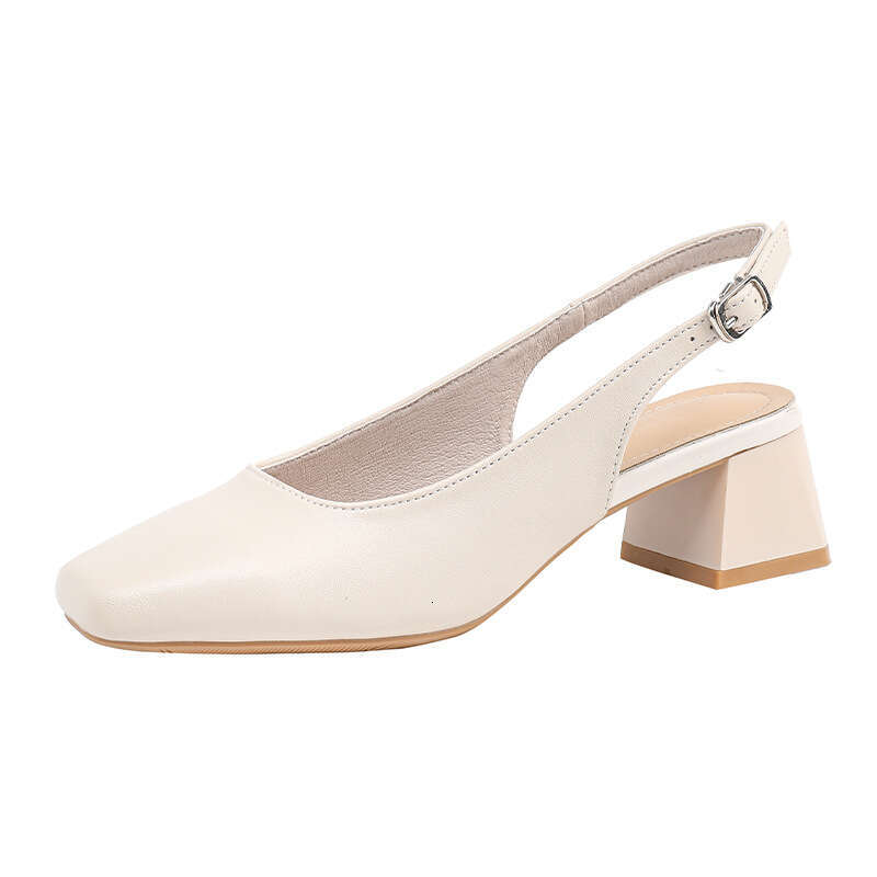 35-42 Large Size Soft Leather Peep Sandals Summer 2024 New Square Toe One Strap Office Thick Heel Slippers