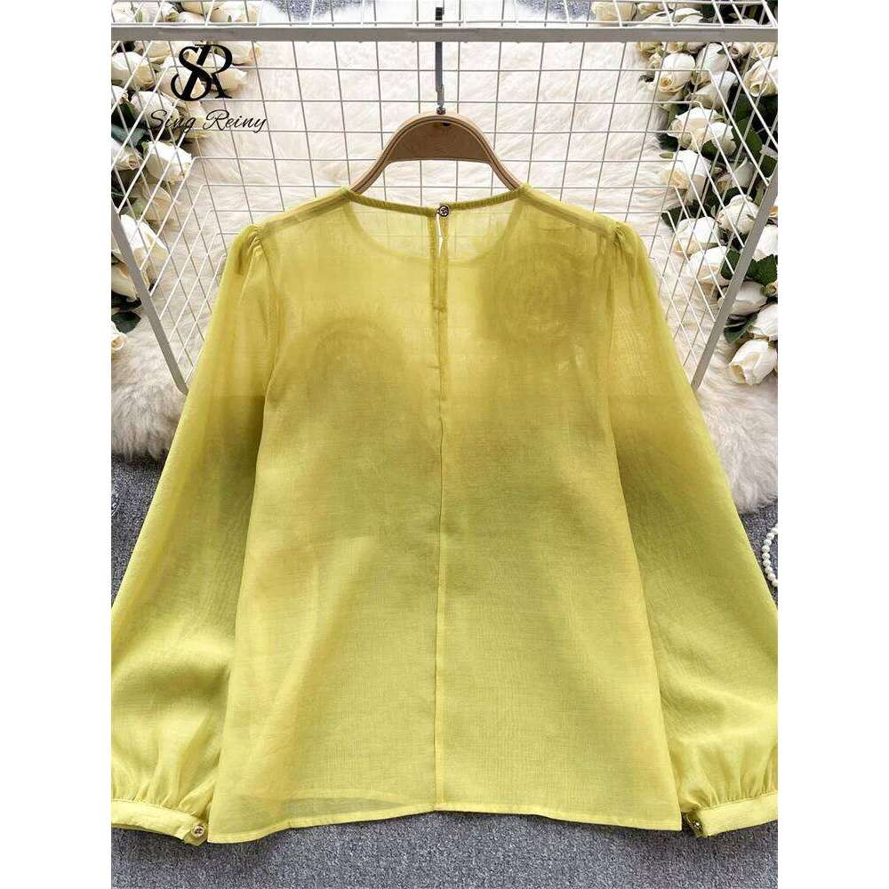 SINGREINY Spring Loose Satin Blouse Women O Neck Long Sleeves Sheer Bohemian Top 2025 Transparent 3D Floral Casual Shirt