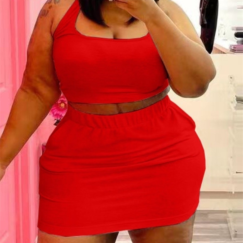 LW BASICS Plus Size Y2K Two Piece Sets Casual U Neck Elastic Wine Red Twopiece Skirt Set Sexy Rave Club Outfits For women 250527