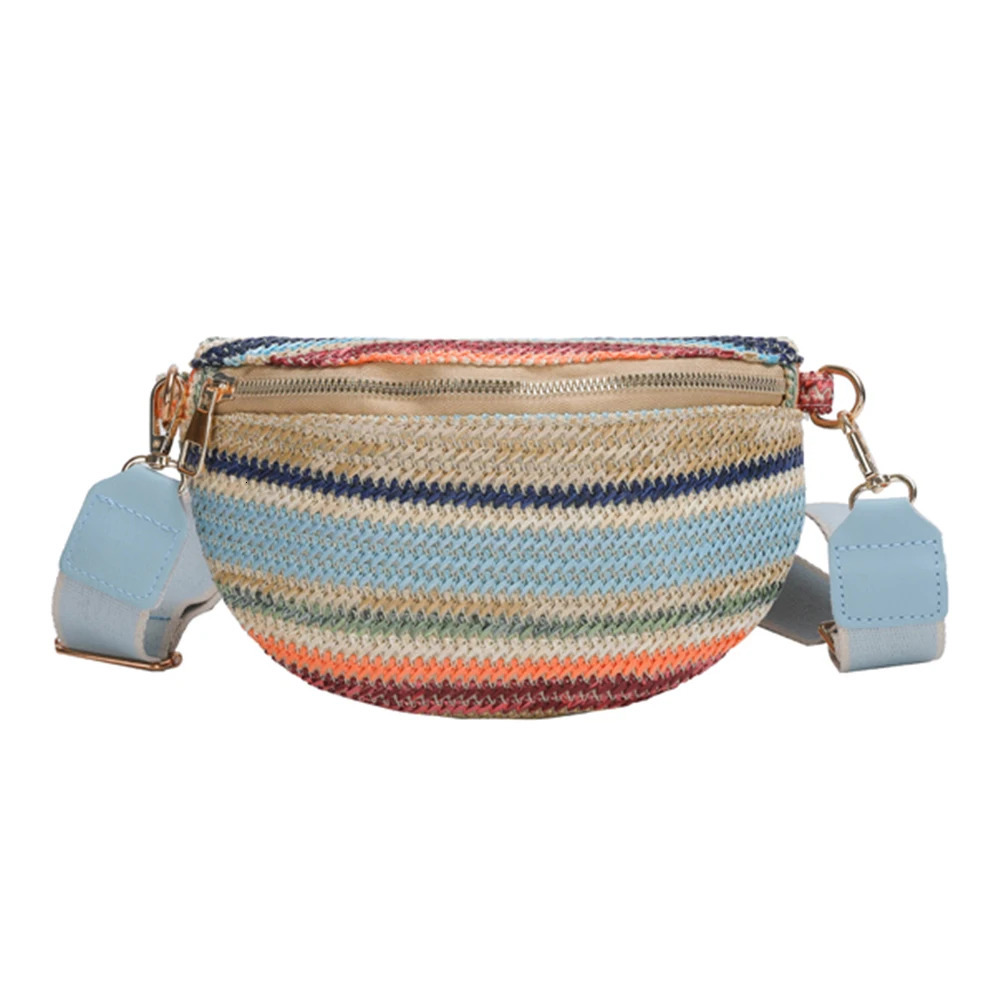Rainbow Striped Fanny Pack Bum Bag Fashion Straw Woven Waist Bag Adjustable Strap Simple Portable Colorful for Weekend Vacation 250603