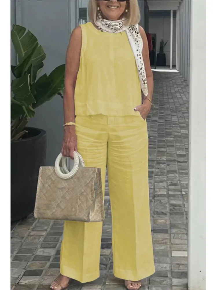 Summer Womens Cotton And Linen Suits Fashionable And Casual Sleeveless Tops Wide-leg Trousers Two-piece Set Womens Clothing 250606