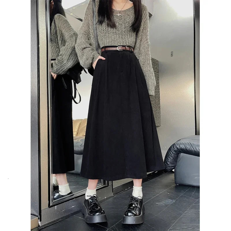 Vintage Belt Corduroy Midi Skirt Women High Waist Pleated A Line Skirts Autumn Winter Streetwear Korean Casual All Match Skirt 250529