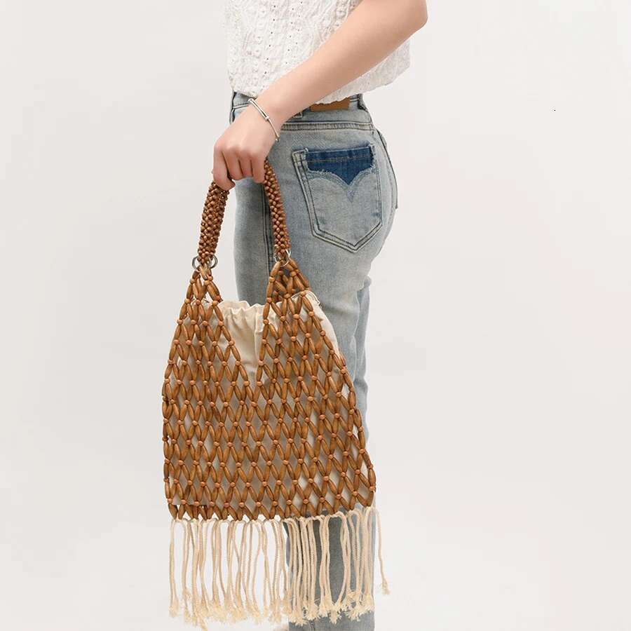 Summer Braided Bead Purse Handbags Solid Color Hollow-Out Woven Tote Female Travel Fringe Beach Reticulate Netted Canvas Clutch