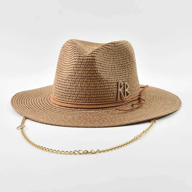 Fashionable Metal RB Letter Straw Hats for Women Men Summer Panaman Jazz Hat Outdoor Holidays Beach Sun Hat W250609