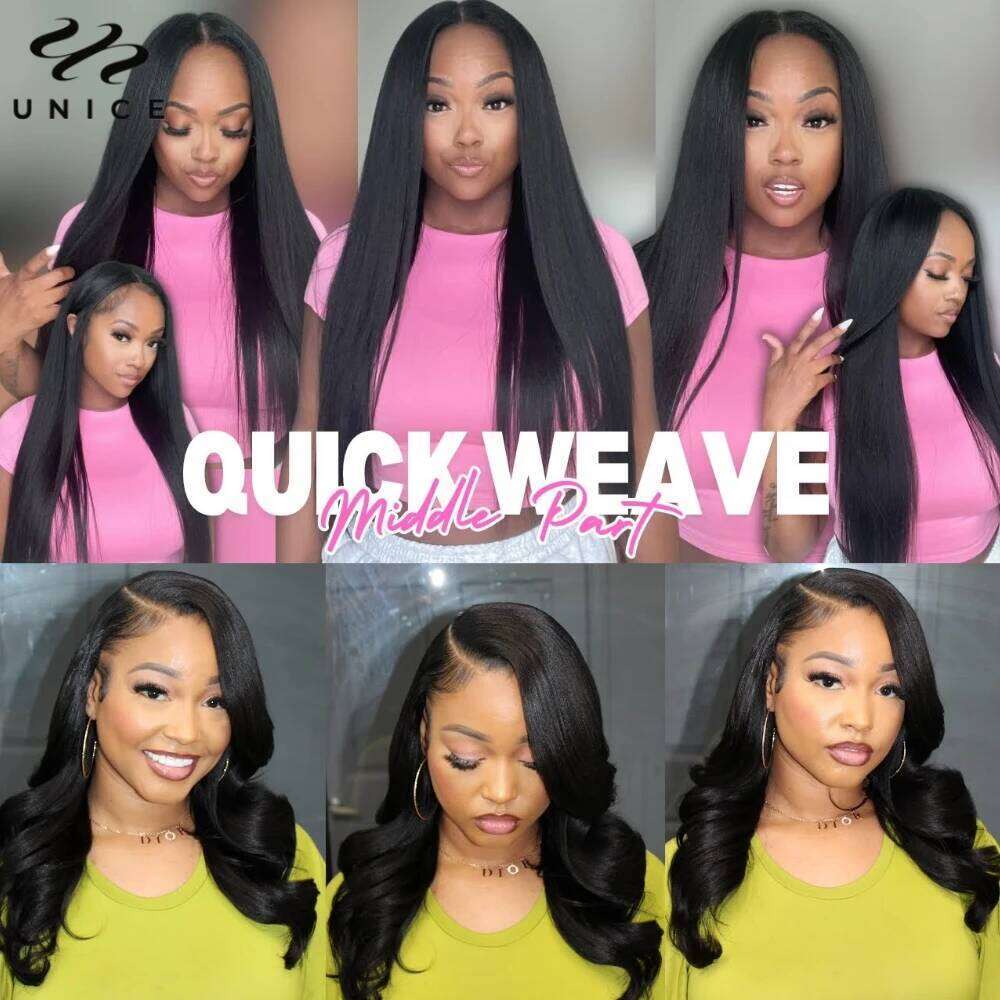 UNice Yaki Straight With Natural Color 100% Human Hair Bundles 3PCS And Middle Part 4x1 Lace Closure