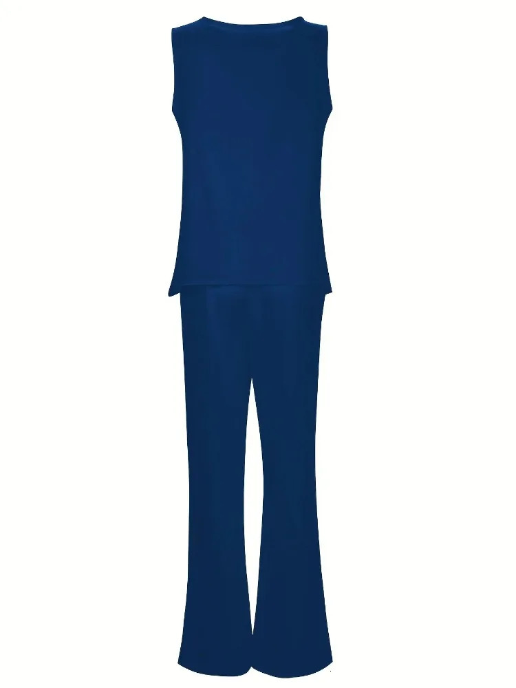 Plus Size 1XL5XL Womens Casual Outfits Two Piece Set Solid Round Neck Tank Top Wide Leg Pants 2 250603