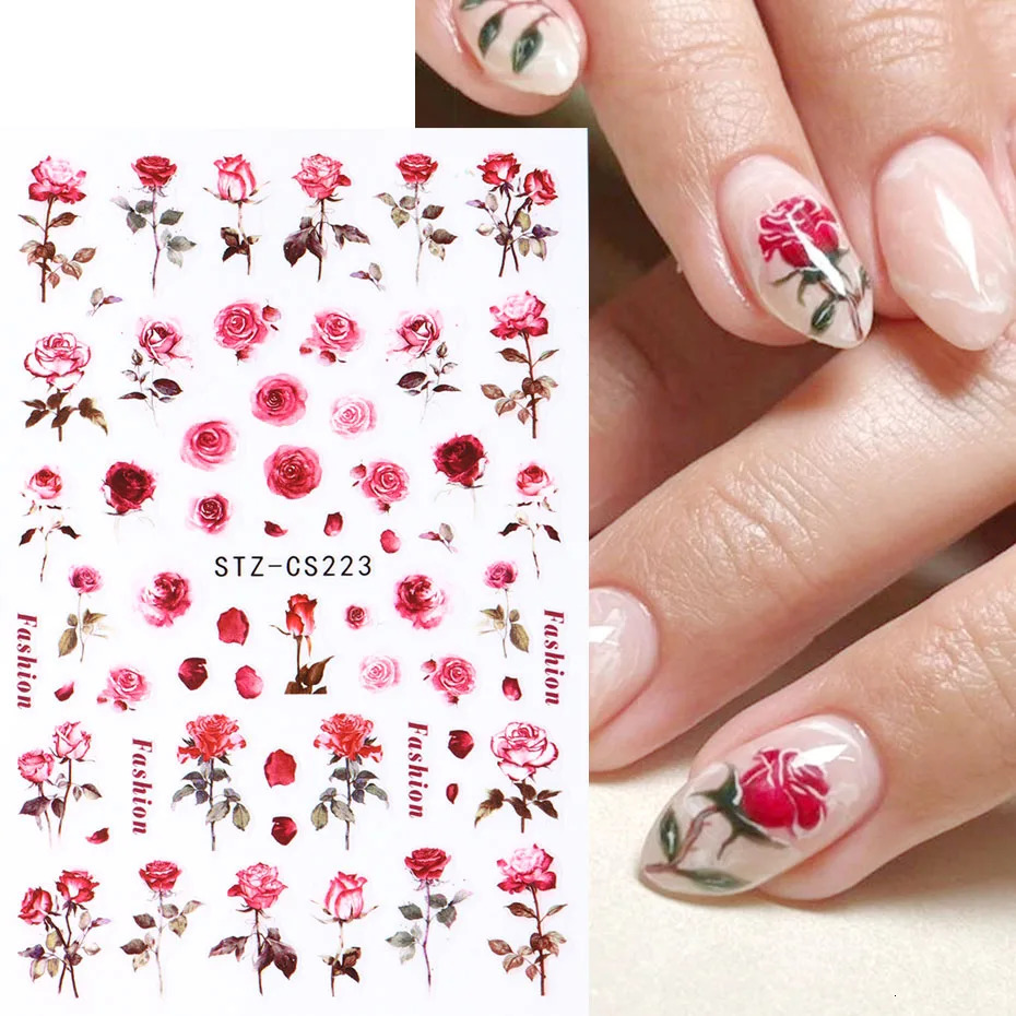 3pcs Vintage Rose Nail Art Stickers Watercolor n Romantic Floral Decals Valentine Manicure Sliders Adhesive Decor 250605