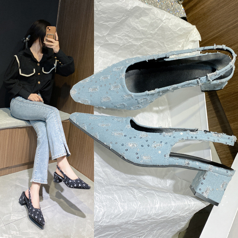 designer sandals with a toe cap, thick-heeled sandals, 2025 new style, sequined square toe cap, fashionable sandals, Summer style, large-sized sandals