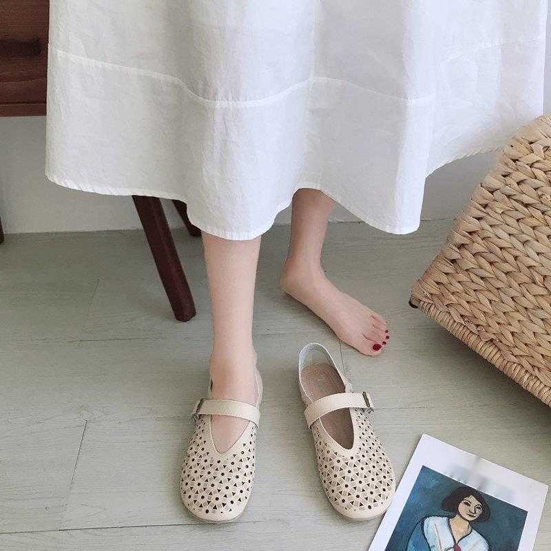 Summer Round Toe Buckle Hollow Solid Color Single Shoes Doll Shoes Shallow Mouth Flat Womens Casual Shoes