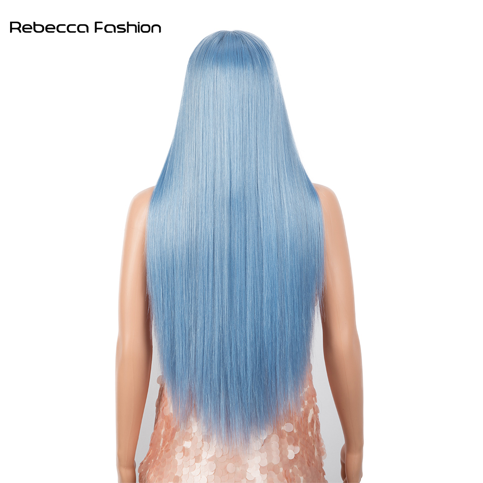 Rebecca Fashion Synthetic Blue Highlights Colors Straight Wig Middle Part Lace Wigs For Black Women Heat Resistant Cosplay