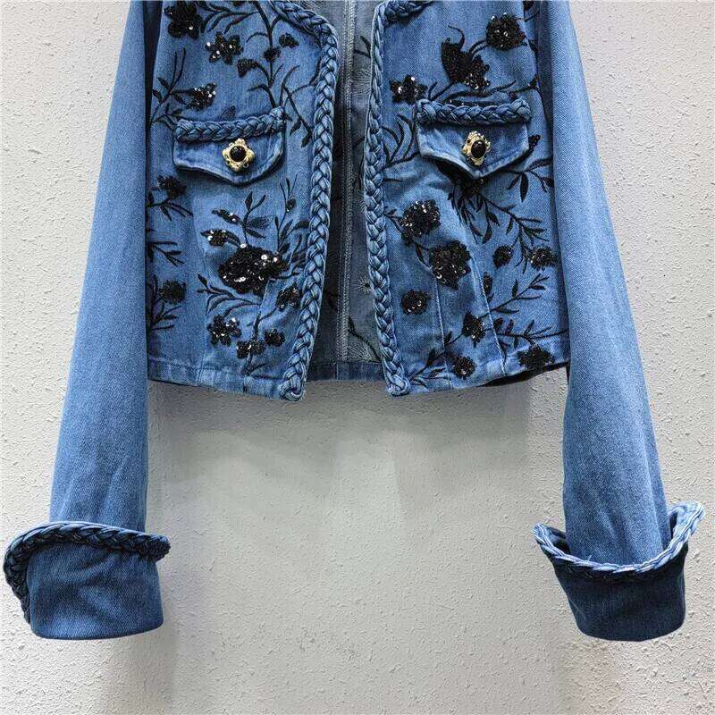 HKSH Heavy Industry Embroidered Sequin Denim Jacket For Women's 2024 Spring New Ins Chic Tide Niche Print Fashion Y2K Coat H2820